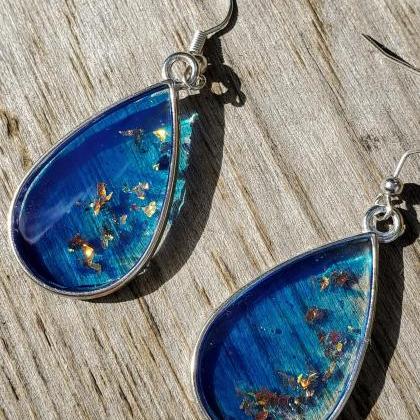 Resin Earrings Teardrop Blue Swirl ..