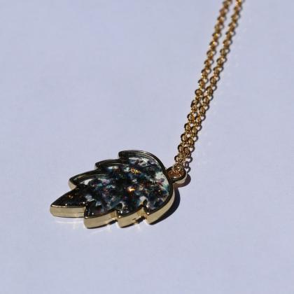 Resin Leaf Pendant Necklace Opal Glitter..