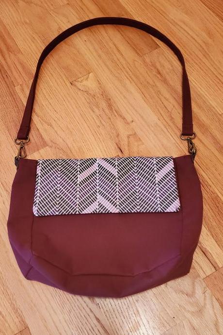 Shoulder Bag/Purse Burgundy, Purple, Black with Chevron Print, Flap, snap closure