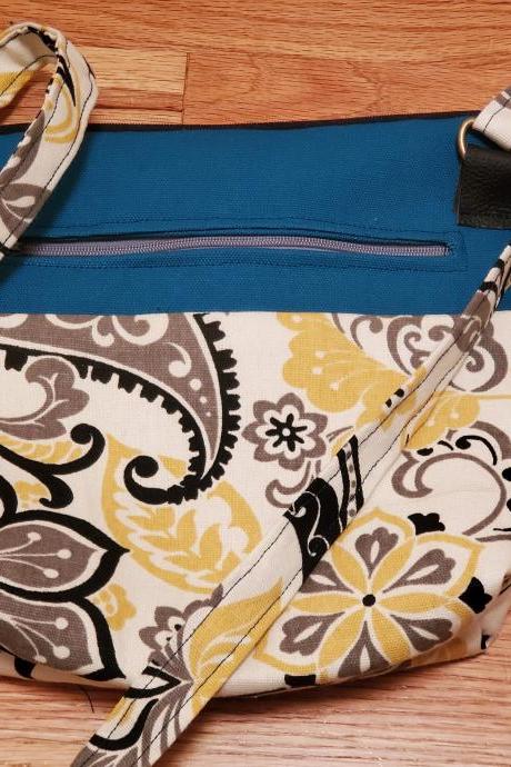 BeBold Paisley Print Crossbody Bag/Purse, blue, yellow black, zipper top, front pocket, inner pocket