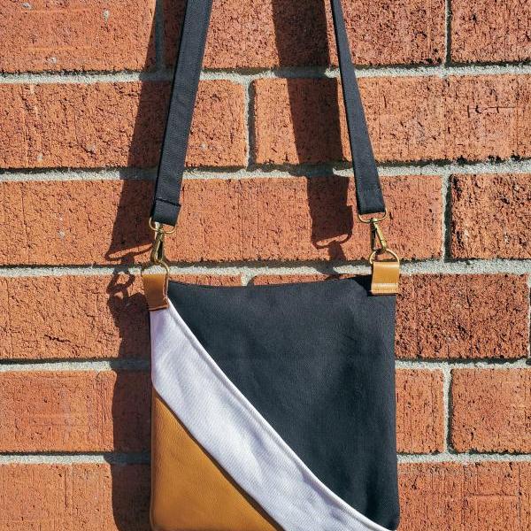 Art Deco Crossbody Bag Crossbody Purse, Black, White, Tan, Leather, Geometric Design, Modern, Hip, Neutral, Colorblock